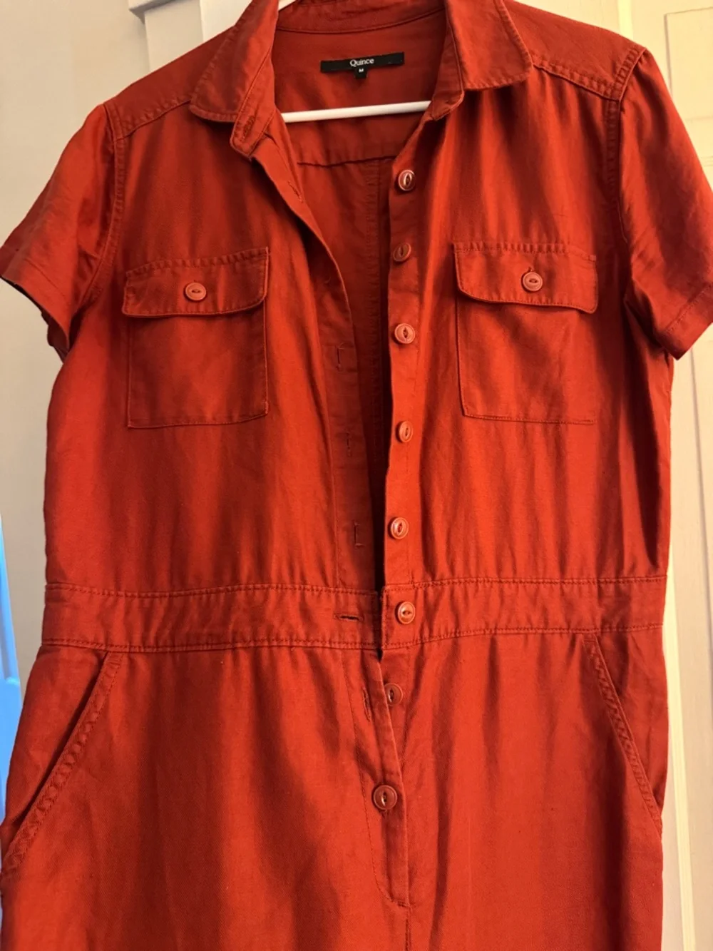 QUINCE Rust Red Cotton Linen Twill Short Sleeve Coverall Jumpsuit Medium